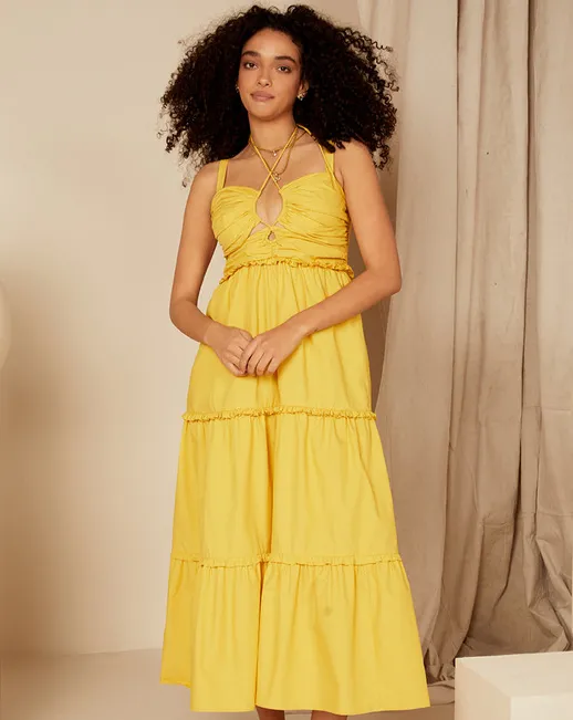 Bohemian Traders: Halter Strap Midi Dress - Tumeric