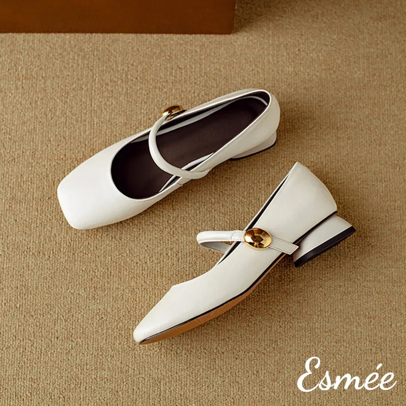 Leather Low Heel Maryjanes with Squared Toe Design