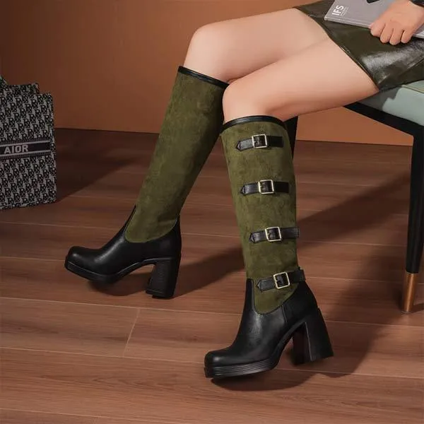 Women's Square-Toe High Heel Fashion Boots with Metal Buckle Detail 91720810C